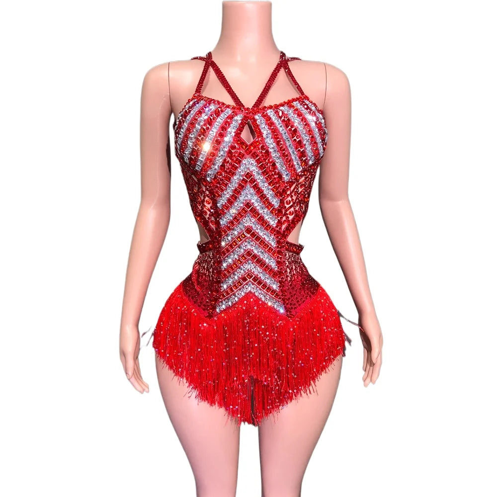 Body à pompons scintillants et strass, tenue de danse sexy ajourée, tenue de discothèque, tenue de scène pour chanteuse et danseuse 