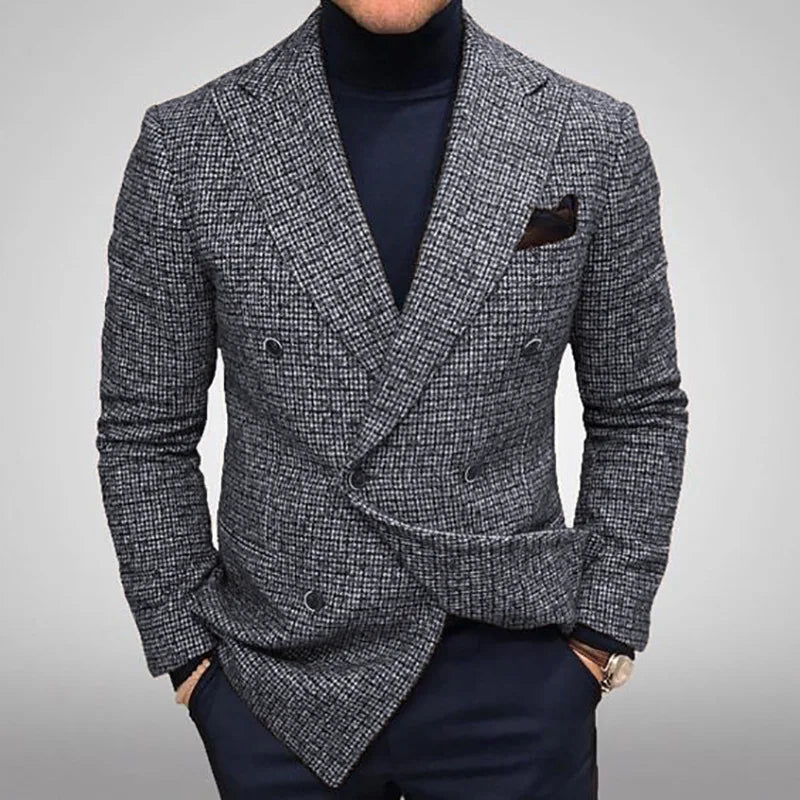Autumn Men Blazers Slim Fit Plaid Suits Jackets Male Long Sleeve Double-breasted Outerwear Business Casual Coats