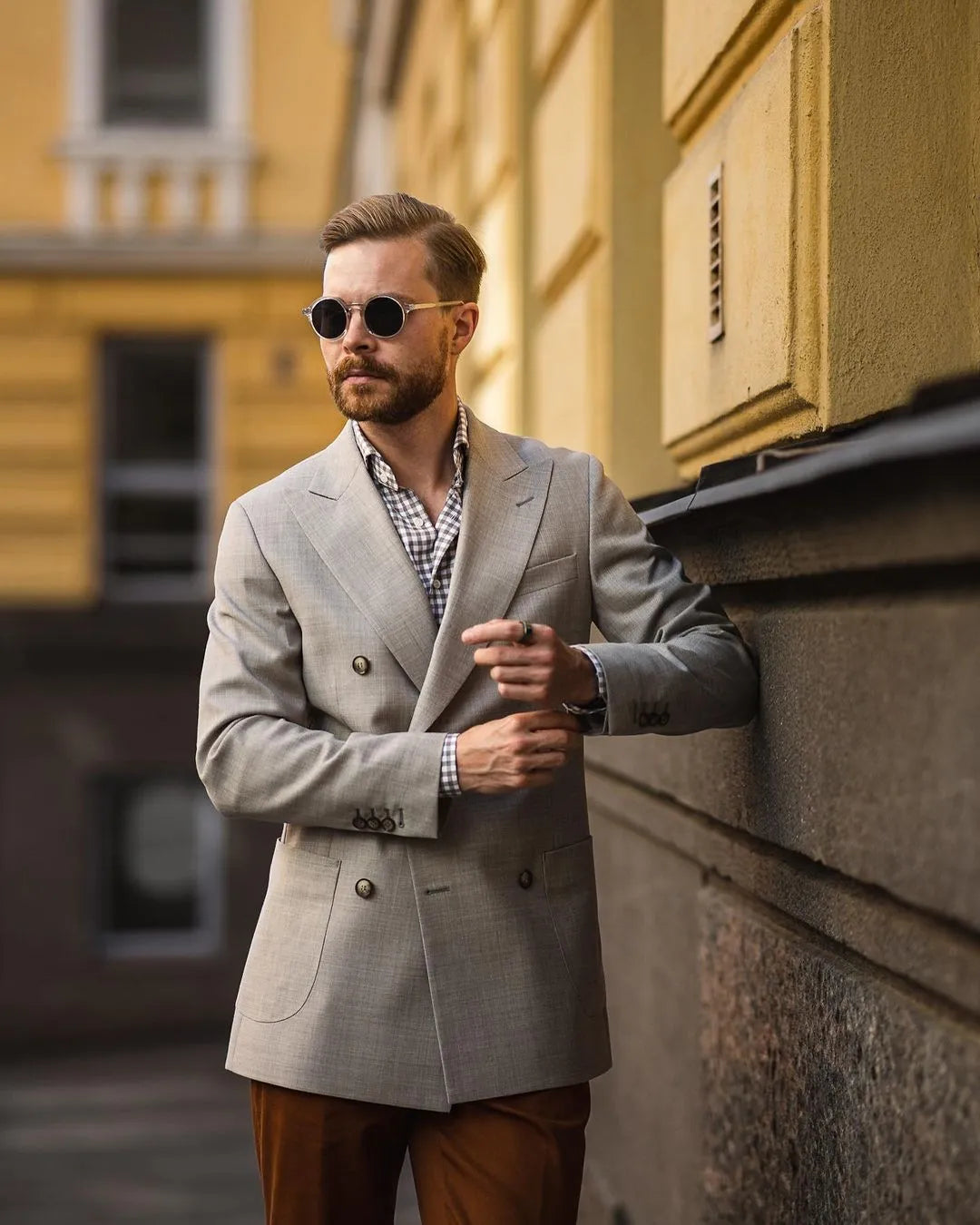 Double Breasted Blazer For Men Gray 2 Pieces Wedding Suit Jacket Casual Formal Trousers Fit Costume(Jacket+Pants)