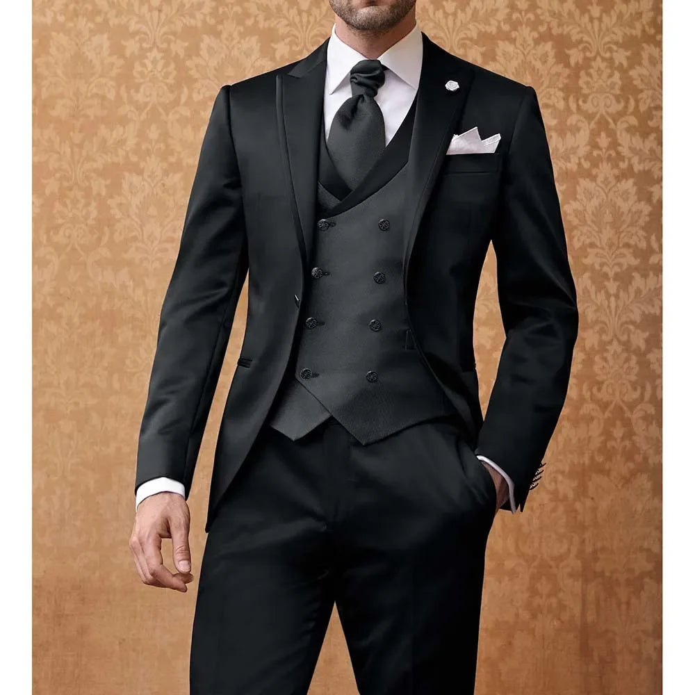 Traje clásico de 3 piezas con solapa de pico negro para hombre, traje formal para fiesta de graduación, boda, novio, esmoquin, traje informal completo para hombre