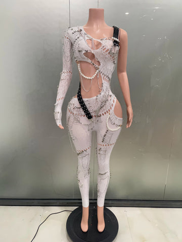 Sexy Shining Pearl Chain One Shoulder Hollow Out Jumpsuit New Women Birthday Party Nightclub Singer Performance Stage Wear