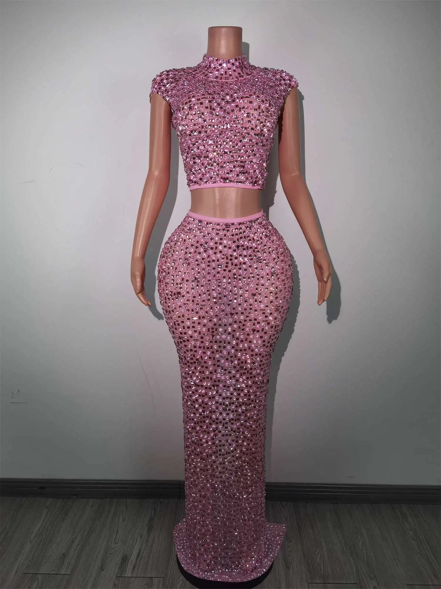Sparkly Pink Diamonds Crop Top Long Skirt 2-PCS Set Sexy Celebrate Evening Prom Holiday Birthday Dress Photo Shoot Wear