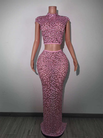 Sparkly Pink Diamonds Crop Top Long Skirt 2-PCS Set Sexy Celebrate Evening Prom Holiday Birthday Dress Photo Shoot Wear