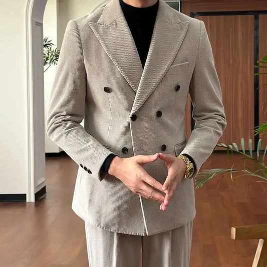Autumn Thick Corduroy Groom Men Suit Designers Slim Fit Business Casual Double Breasted Suit Set Trend