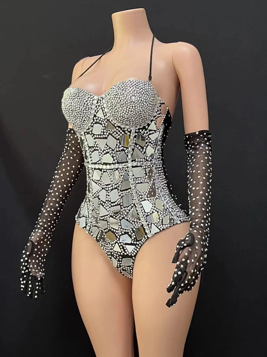 Robe de soirée une pièce noire à verres noirs, tenue de spectacle de danse, technologie éclatante et super flash