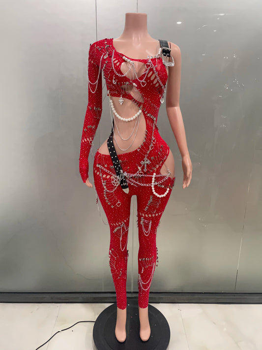 Combinaison asymétrique ajourée avec chaîne de perles brillantes pour femme, tenue de fête d'anniversaire, de discothèque, de chanteur, de scène sexy