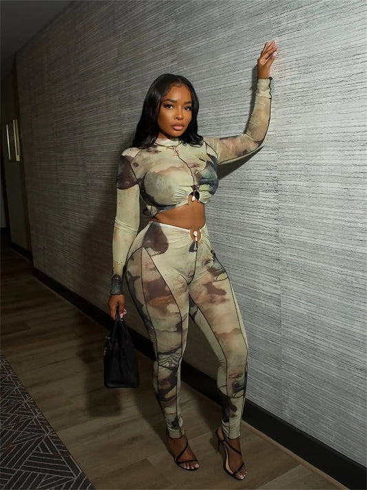 Women's Set Full Sleeve Tie Dye Print T-Shirt + Pencil Pants Suits Spring Street Two 2 Piece Set Outfit Tracksuits