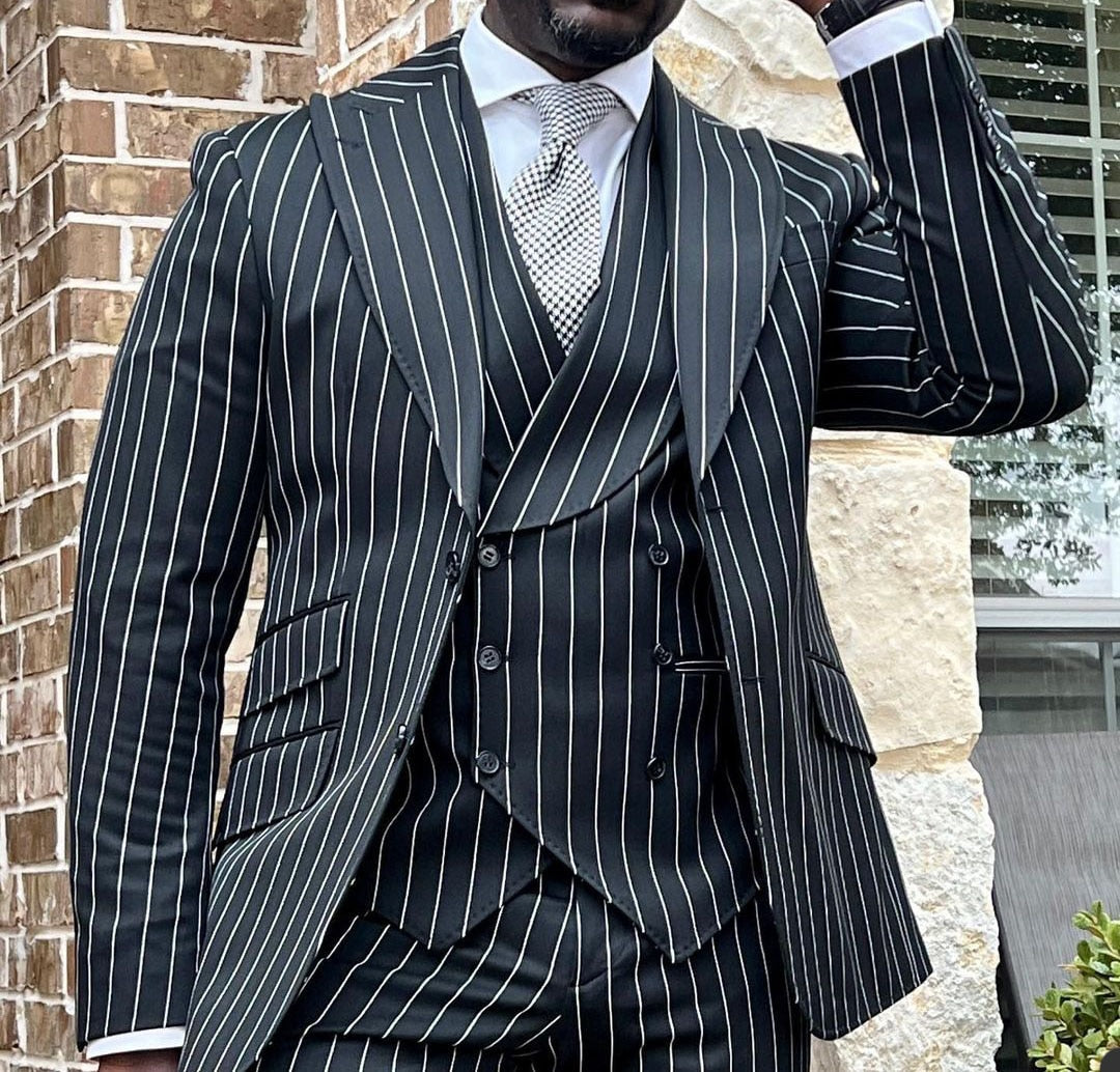 Costume classique noir pour homme d'affaires, veste trois pièces, gilet, pantalon, rayures, sur mesure, créateur, mariage, occasion formelle 