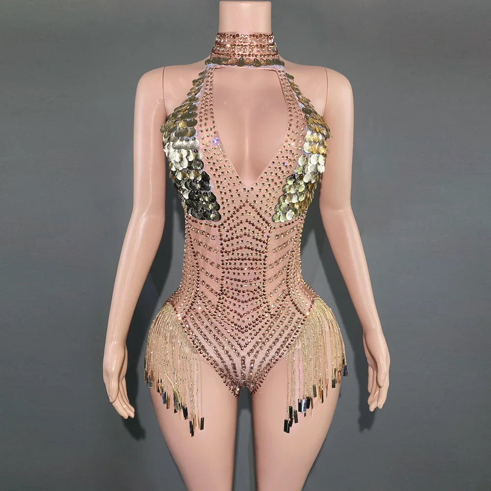 Sparkly Rhinestones Sequins Tassel Bodysuit Sexy Deep V Neck Dance Costume Stage Wear Performance Nightclub Outfit for Women