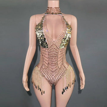 Sparkly Rhinestones Sequins Tassel Bodysuit Sexy Deep V Neck Dance Costume Stage Wear Performance Nightclub Outfit for Women
