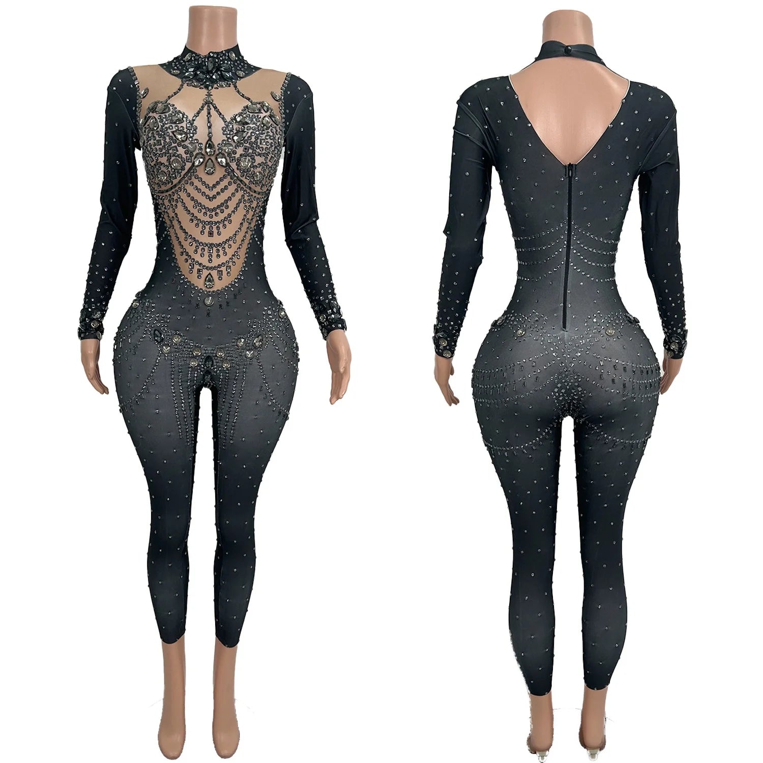 Fancy Rhinestone Spandex Tight Fitting Sparkly Jumpsuit Nightclub Stage Performance Dancewear Sexy Women Bar Party Outfit