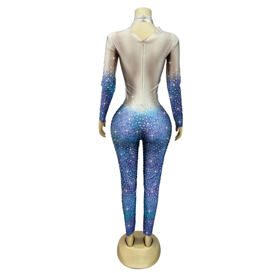 Sexy New Fish Scale Pattern Designed Shining Rhinestones Jumpsuit Women Birthday Party Show Singer Dancer Performance Stage Wear