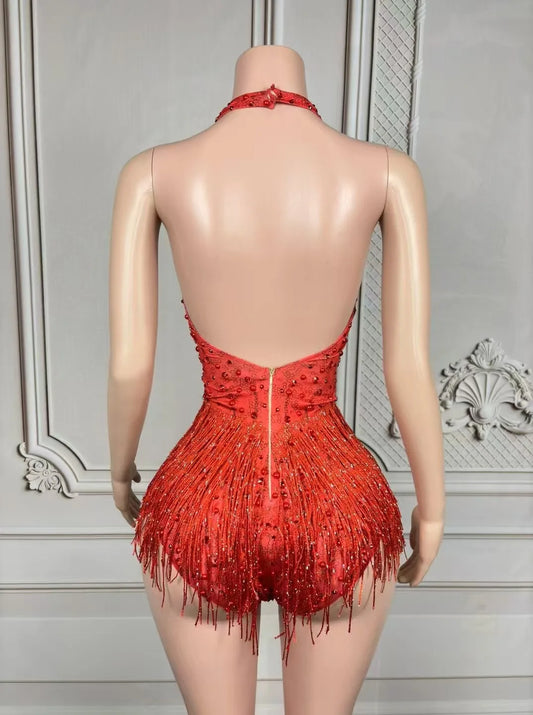 Sparkly Rhinestones Fringes Bodysuit Women Sexy Deep V Neck Performance Dance Costume Nightclub Singer Dancer Photoshoot Wear