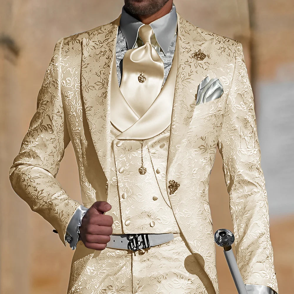 Jacquard Men's Suit 3 Piece Suit Groom Party Tuxedo Wedding Men's Formal Jacket Pants Vest Slim Fit Custom Suit Male
