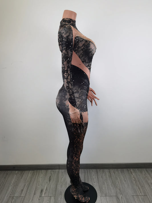Sexy Slim Fit Rompers One Piece Bodysuit Women Rhinestone Jumpsuits Fashion Black Lace Pattern Pole Dancer Leotard Club Outfits