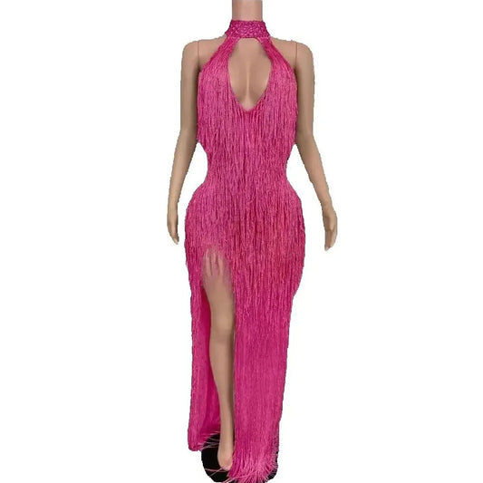 Women Sexy Shiny Crystals Tassel Luxury Long Dress Elegant Prom Gown Evening Club Birthday Wedding Party Singer Photoshoot Dress