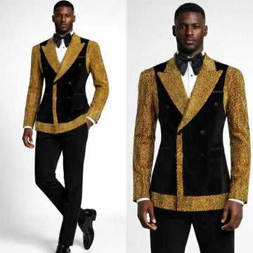 Shining Groom Wedding Tuxedos 2 Pieces Jacket Pants Peaked Lapel Double Breasted Party Prom Banquet Mens Jacket Customized