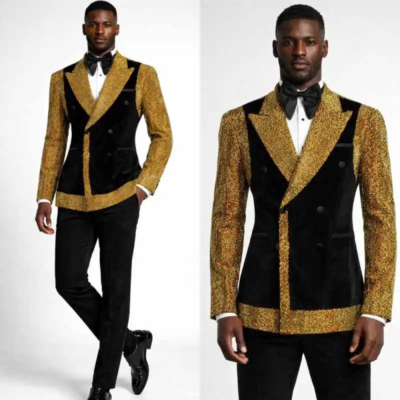 Shining Groom Wedding Tuxedos 2 Pieces Jacket Pants Peaked Lapel Double Breasted Party Prom Banquet Mens Jacket Customized