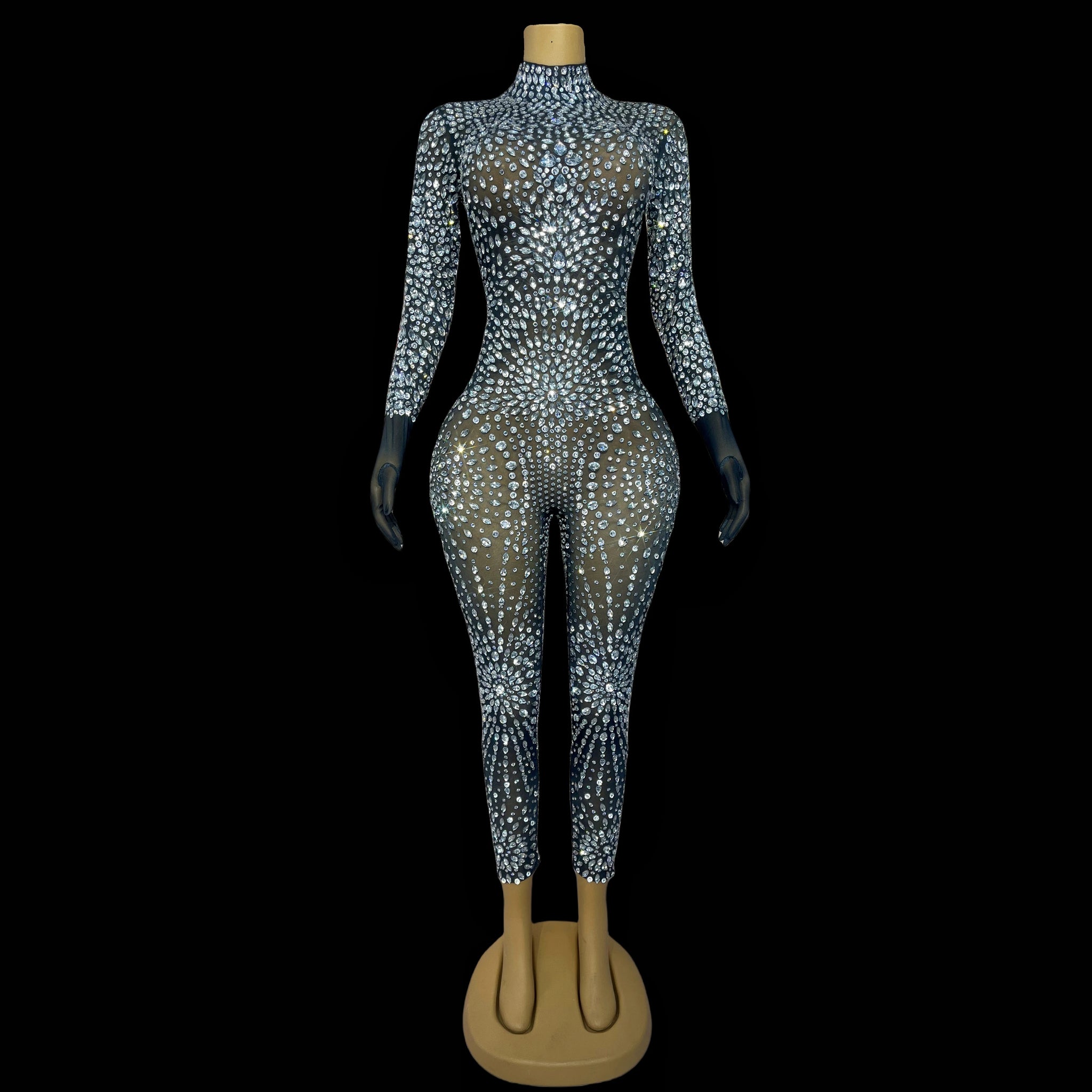 Combinaison noire brillante et résistante Rheinstone pour soirées, défilés de mode, chanteurs, danseurs, spectacles sur scène 