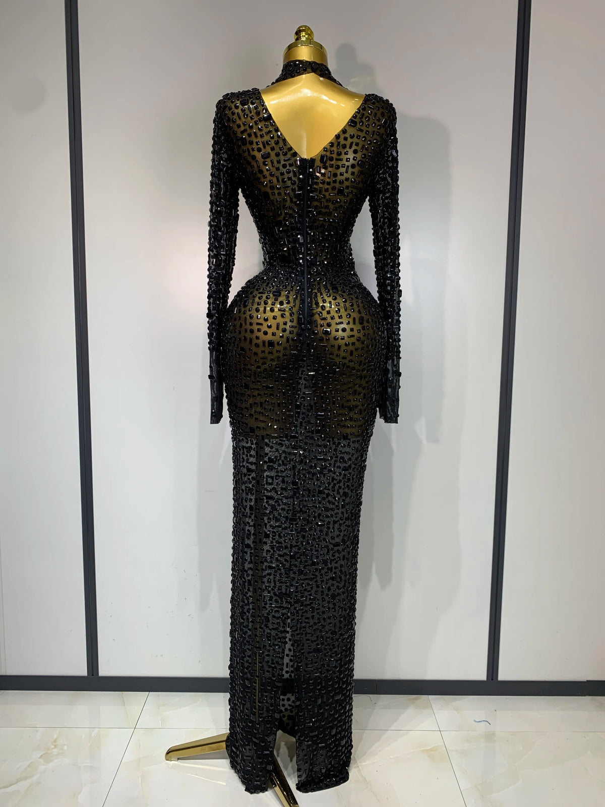Sparkly Luxury Rhinstones Long Sleeve Elegant Party Dress Women Performance Stage Outfit Evening Birthday Prom Gown