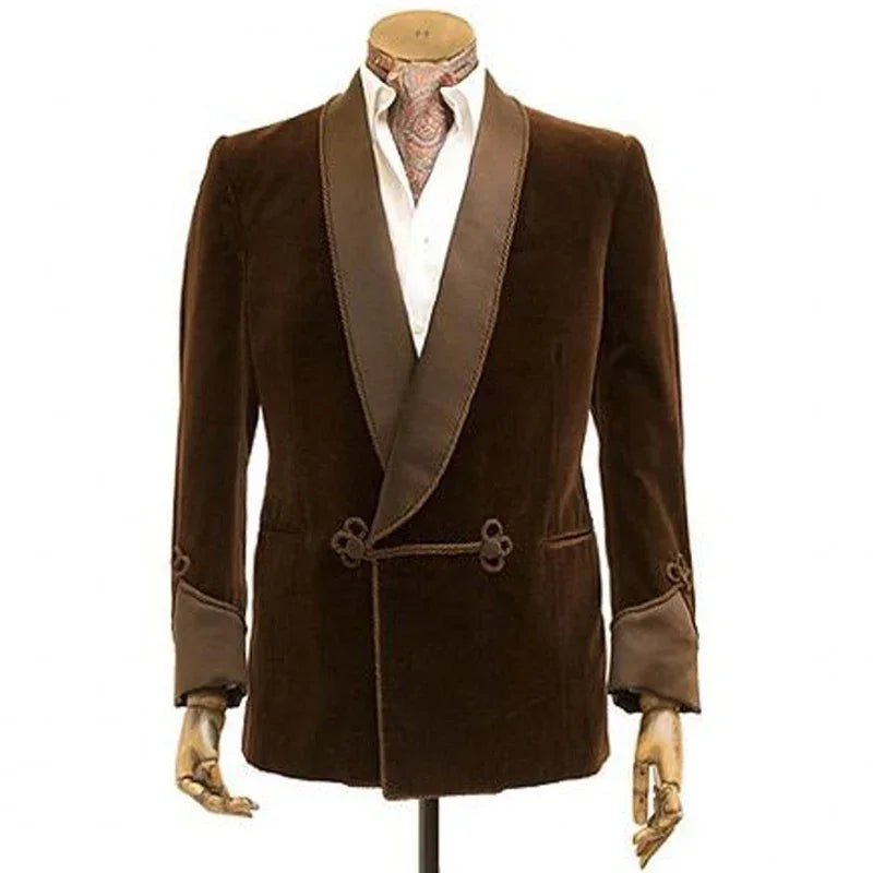 1 Pc Brown Velvet Smoking Jacket with Double Breasted Men Blazer for Wedding Groom Prom Single Coat Male Fashion Costume