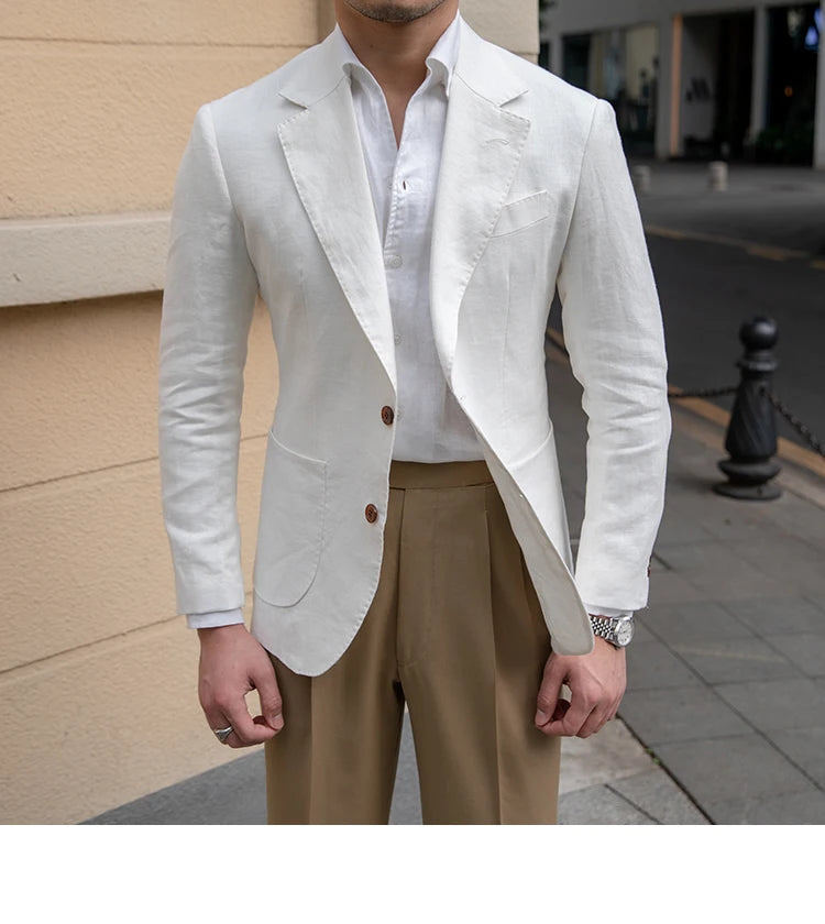 100% Linen Italian Stylish Blazer Men Casual Breathable Half Lining Vintage Suit Jacket Pink White