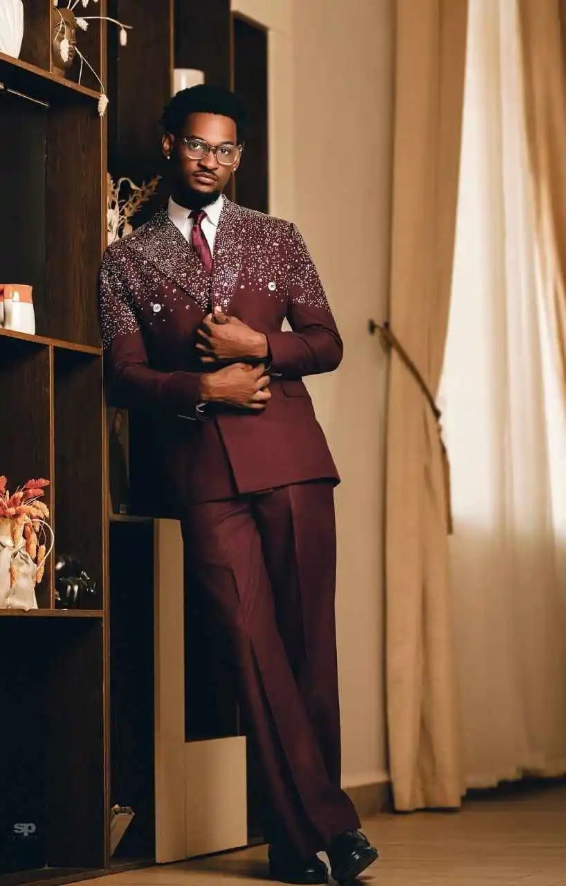 Handsome Wedding Tuxedos Double Breasted Beaded Men Suit Peaked Lapel 2 Piece Set Jacket Pants Groom Business Blazers Customized