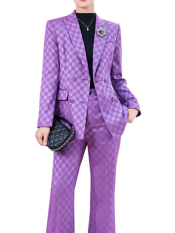 Fashion Ladies Formal Pant Suit Women Purple Pink Black Plaid Jacket and Trouser Female Business Work Wear 2 Piece Blazer Set