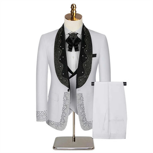 Elegant Men Suits Beading 2 Pieces Set Tailor-Made Shawl Lapel Jacket Blazer One Button Groom Customized Coat Pants