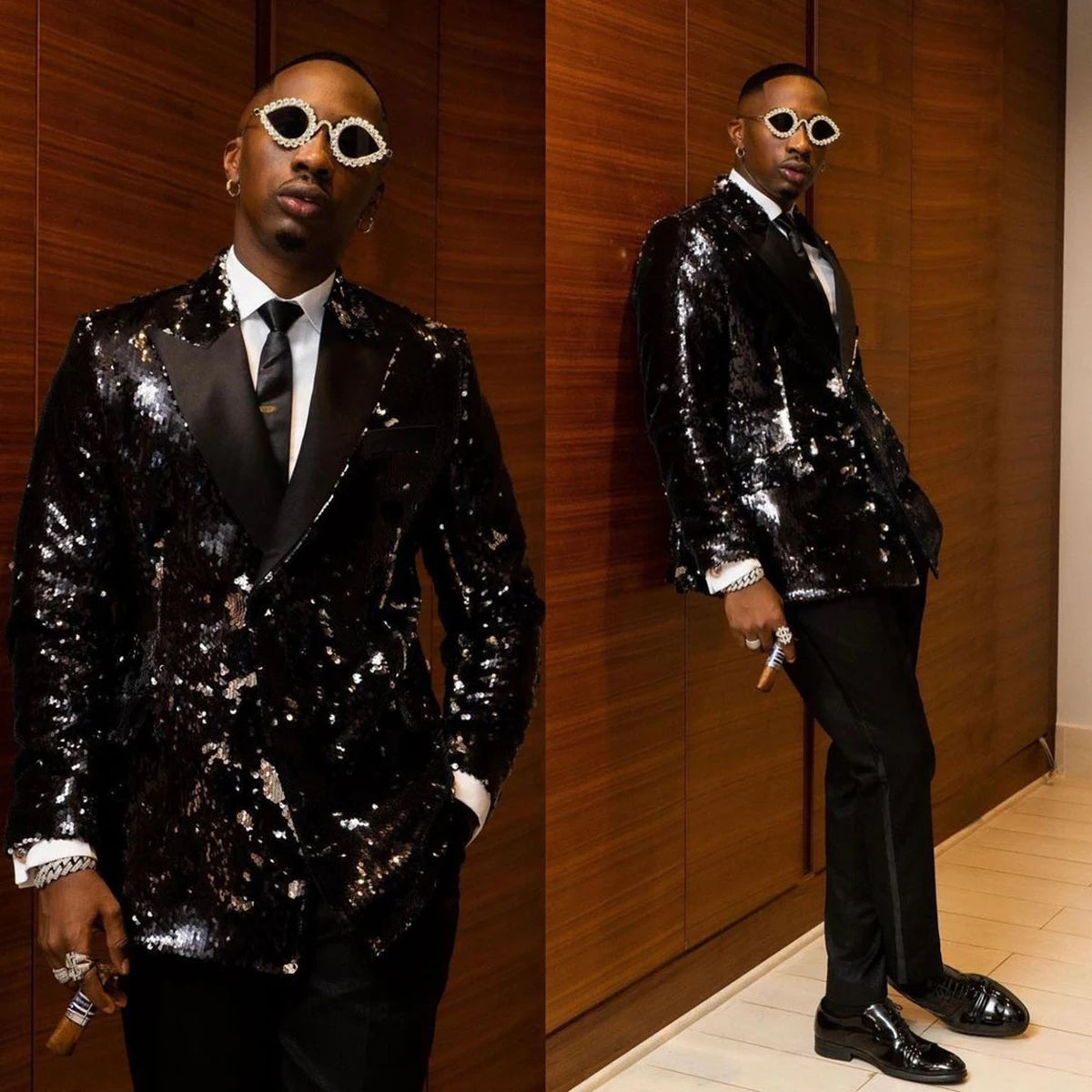 Costume homme 2 pièces à paillettes, coupe slim, croisé, smoking, veste, pantalon noir 