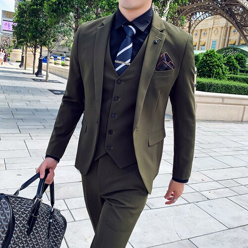 3 Pcs Set ( Jacket + Vest + Pants ) Men's Business Casual Suit Groom Wedding Dress Formal High Grade Male Suit