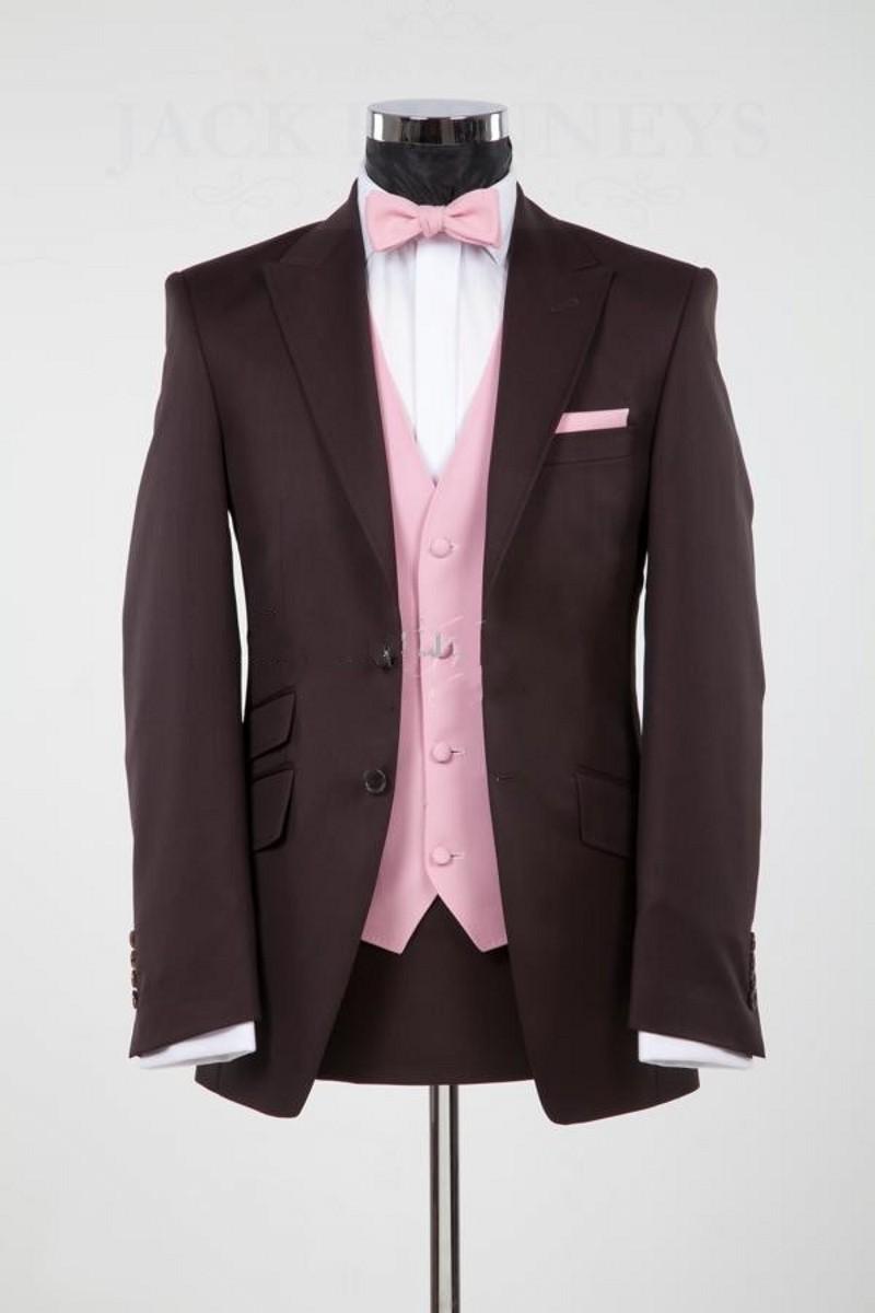 Chocolate Man Work Business Suit Peak Lapel Men Prom Party Business Suit Groom Tuxedos (Jacket+Pants+Vest+Tie)