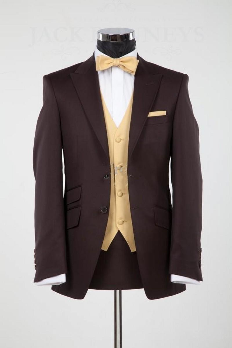 Traje de negocios para hombre de chocolate, con solapa de pico, para fiesta de graduación, esmoquin para novio (chaqueta, pantalón, chaleco y corbata) 