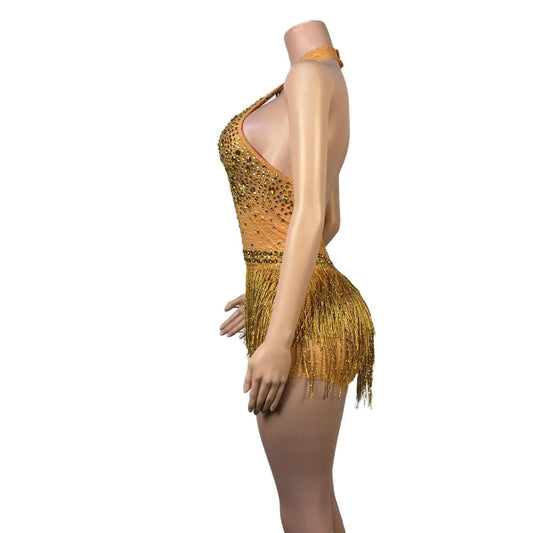 Glamorous Backless Fringe Bodysuit with Rhinestones for Dance, Performance, and Nightclub Events