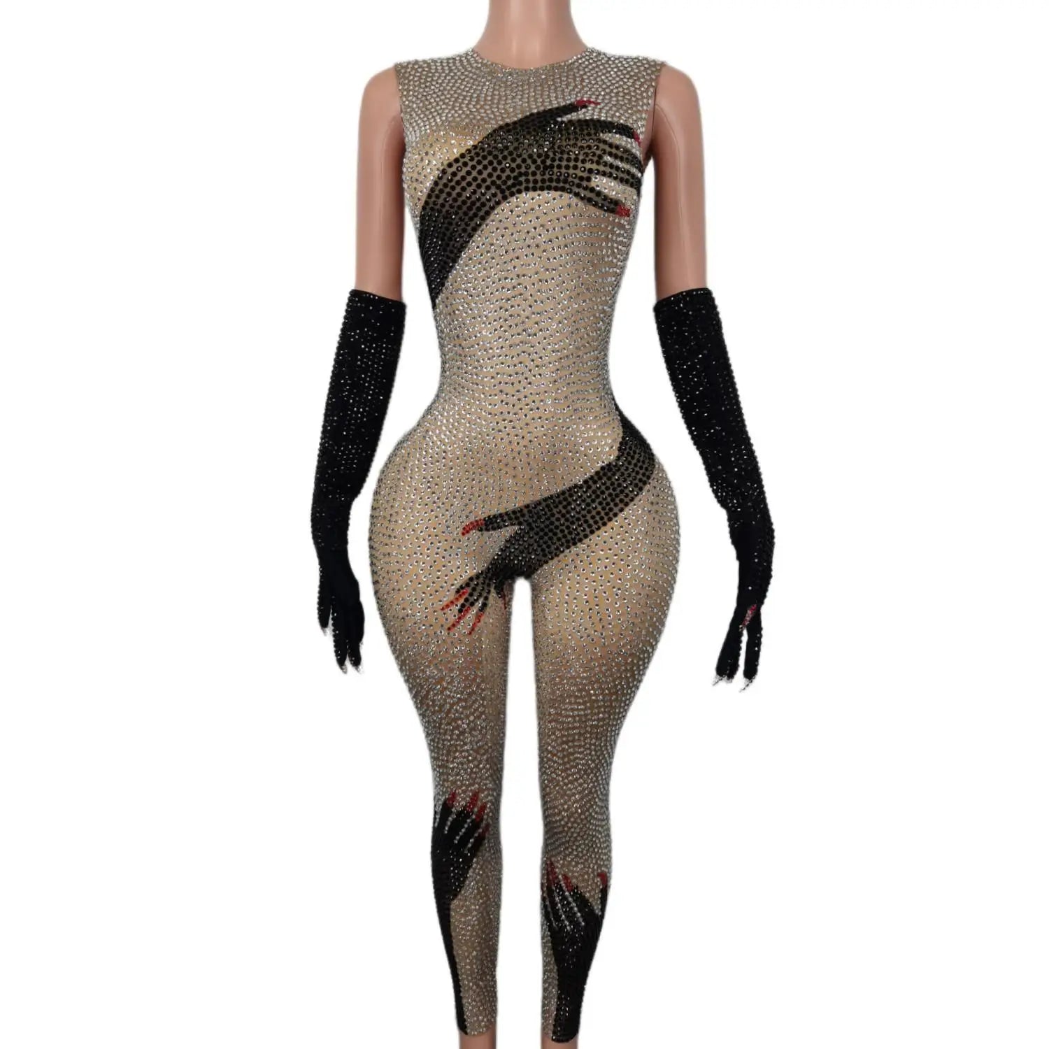 Glamorous Rhinestone Black Hand Design Jumpsuit for Women - Sparkly Stage Performance Costume, Perfect for Dance and Celebrations