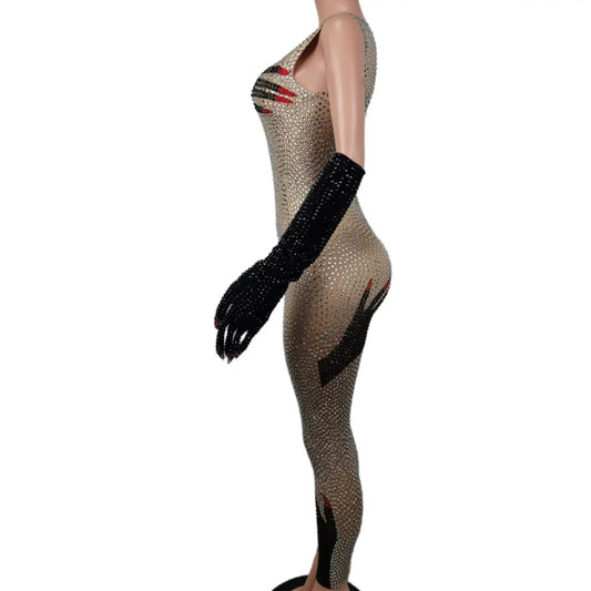 Glamorous Rhinestone Black Hand Design Jumpsuit for Women - Sparkly Stage Performance Costume, Perfect for Dance and Celebrations