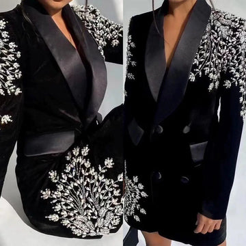 Sexy Black Velvet 1 Piece Women Dresses Full Sleeve Beading Blazer Party Gown Custom Made Crystal Power Formal