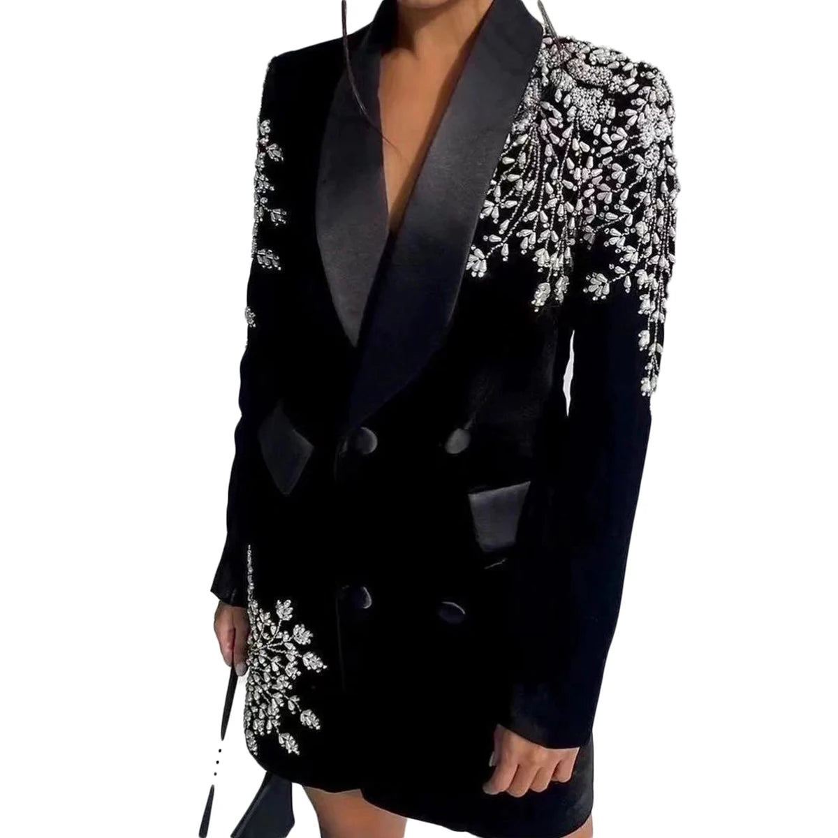 Sexy Black Velvet 1 Piece Women Dresses Full Sleeve Beading Blazer Party Gown Custom Made Crystal Power Formal