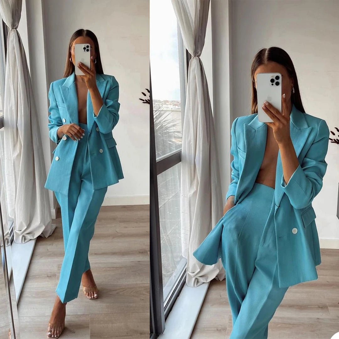 Sexy Blue 2 Pieces Tuxedos Blazer&Pants Custom Made Peaked Lapel Double Breasted Suit Lady Deep V Neck Sequins Suits