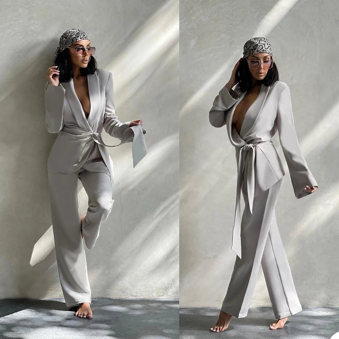 Sexy Deep V Neck Women 2 Pcs Pants Jacket With Belt Shawl Lapel Custom Made Blazer Wide Legs Trousers Daily Power Party Suits