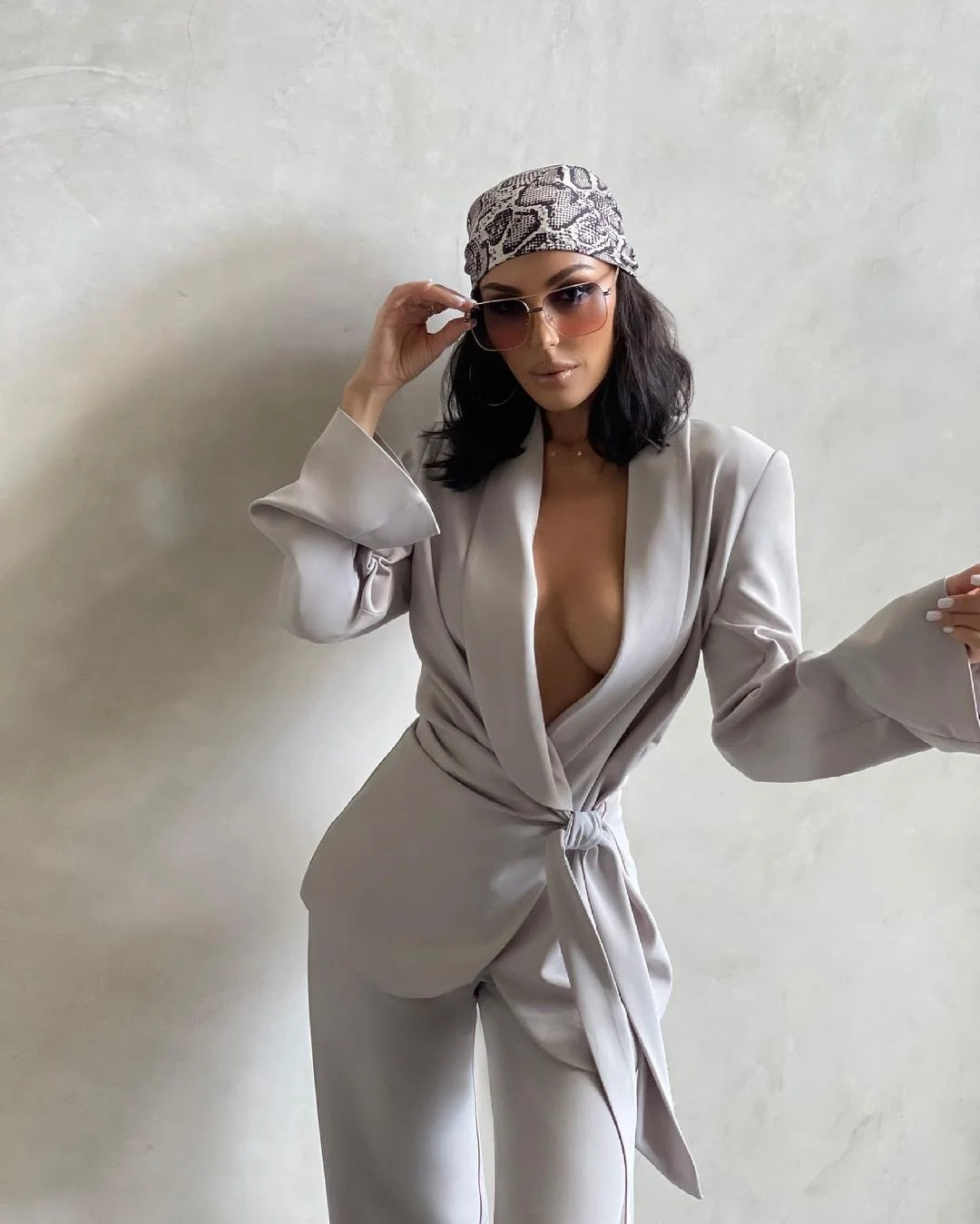 Sexy Deep V Neck Women 2 Pcs Pants Jacket With Belt Shawl Lapel Custom Made Blazer Wide Legs Trousers Daily Power Party Suits