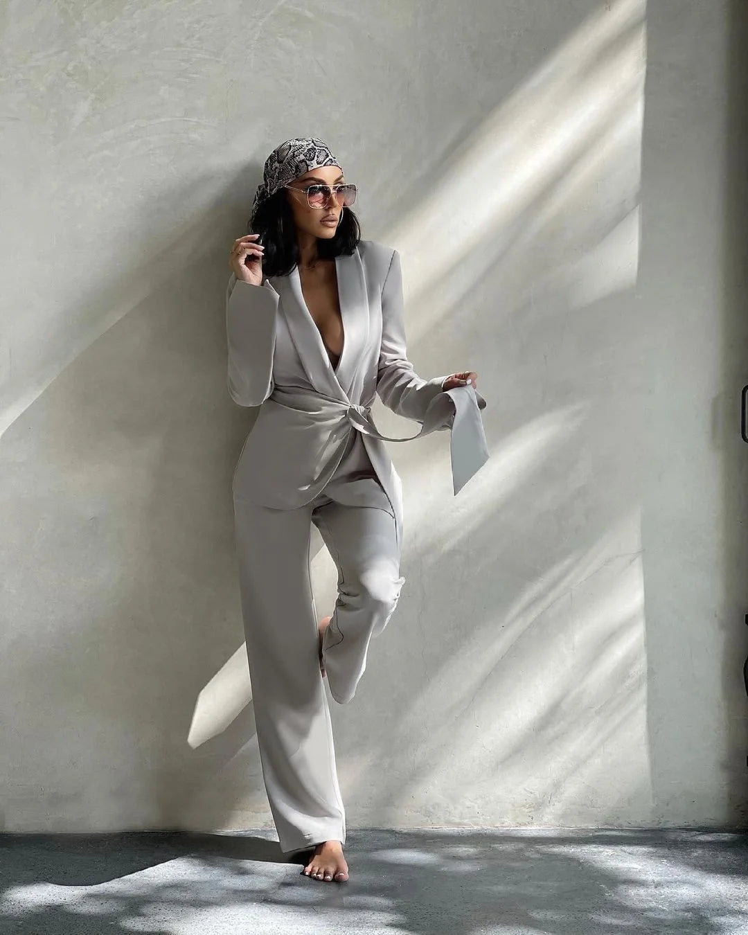 Sexy Deep V Neck Women 2 Pcs Pants Jacket With Belt Shawl Lapel Custom Made Blazer Wide Legs Trousers Daily Power Party Suits