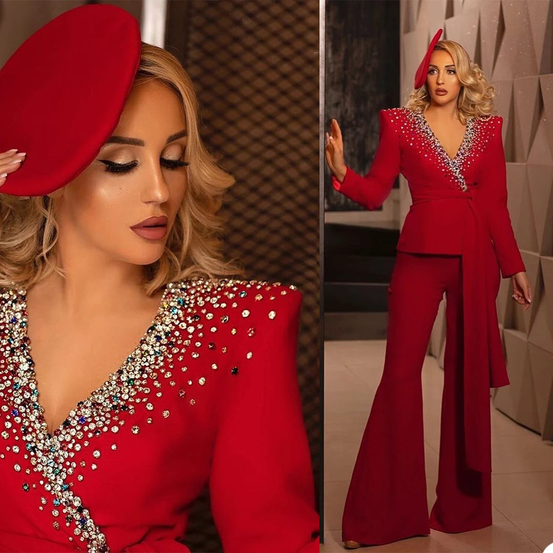 Dazzling Red V-Neck Beaded Women's Suit Set with Belt - Vintage Blazer and Flared Pants for Parties, Prom, and Streetwear Fashion