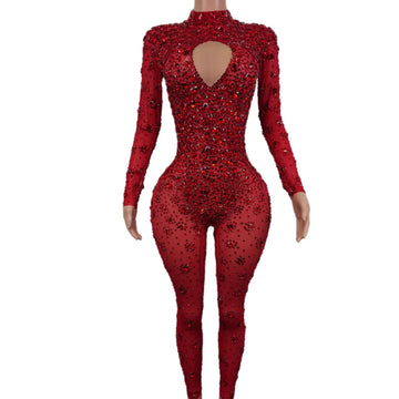 Sexy Gorgeous Perspective Rhinestone Jumpsuit Long-sleeved Tights Nightclub Singer DJ Stage Performance Clothes