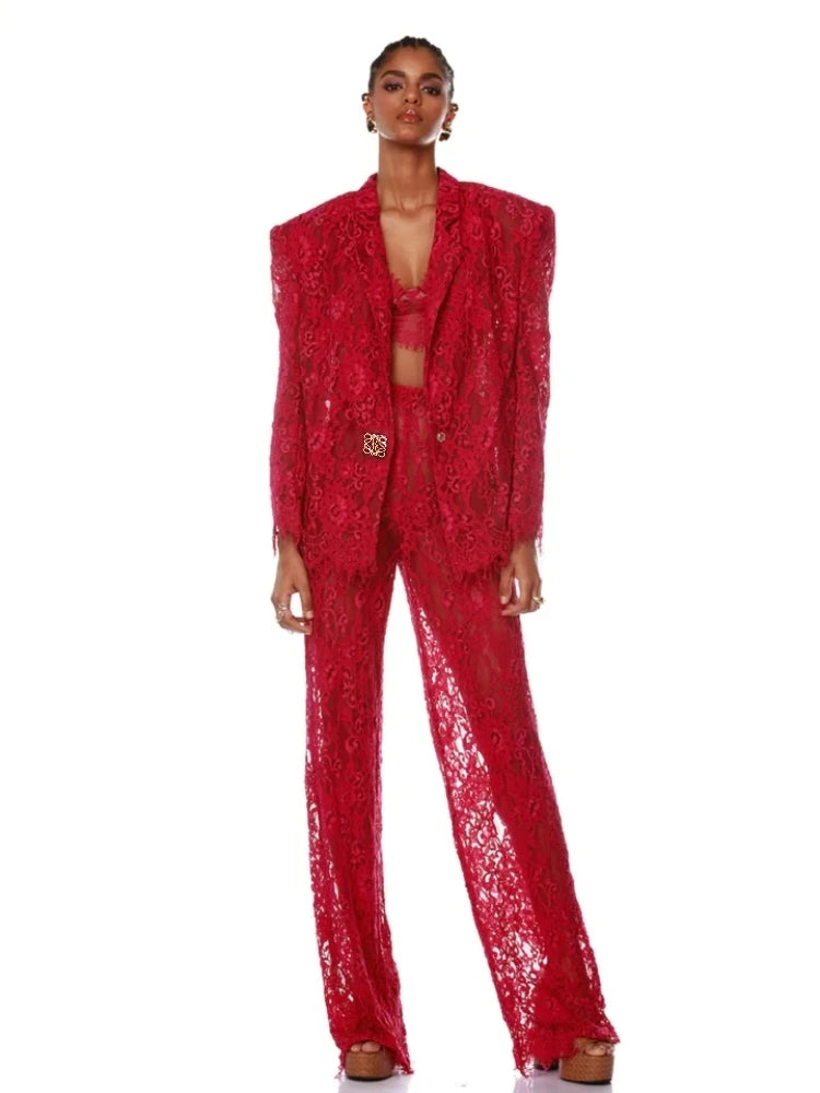 Ensemble 3 pièces sexy à manches longues pour femme, blazer + soutien-gorge + pantalon en dentelle rose rouge, élégant manteau, soirée