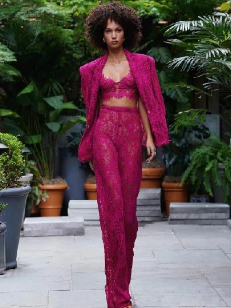Ensemble 3 pièces sexy à manches longues pour femme, blazer + soutien-gorge + pantalon en dentelle rose rouge, élégant manteau, soirée