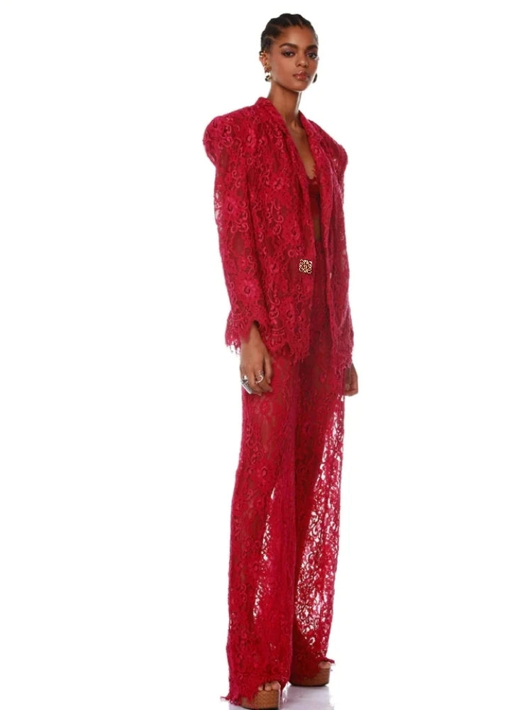 Conjunto de tres piezas de traje sexy de manga larga para mujer, blazer de encaje rojo rosa, sujetador y pantalones, trajes de 3 piezas, abrigo elegante, trajes para fiesta de noche.