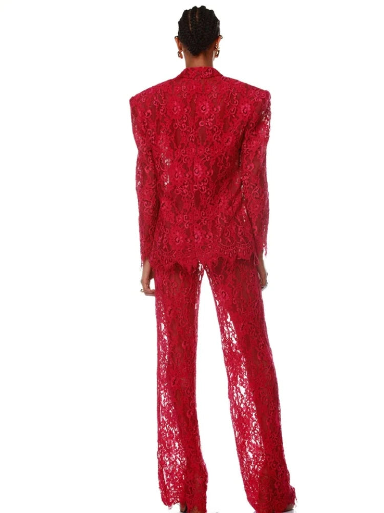Ensemble 3 pièces sexy à manches longues pour femme, blazer + soutien-gorge + pantalon en dentelle rose rouge, élégant manteau, soirée
