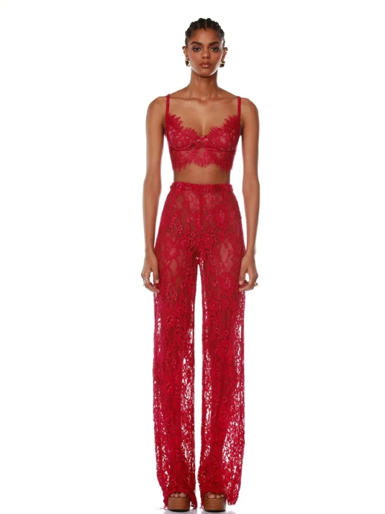 Ensemble 3 pièces sexy à manches longues pour femme, blazer + soutien-gorge + pantalon en dentelle rose rouge, élégant manteau, soirée