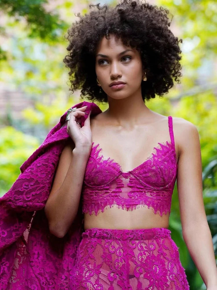 Ensemble 3 pièces sexy à manches longues pour femme, blazer + soutien-gorge + pantalon en dentelle rose rouge, élégant manteau, soirée